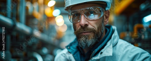 A man with a hard hat and goggles is facing the camera in a factory