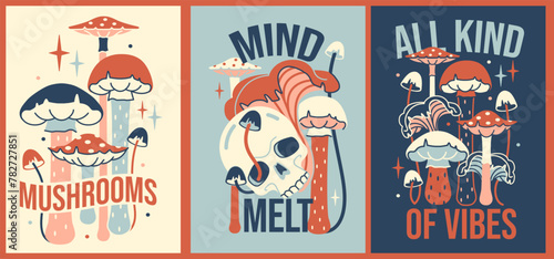 Trippy fun posters. t shirt prints. Psychedelic Graphic Tee. Vintage style t-shirt prints with shrooms and skull.