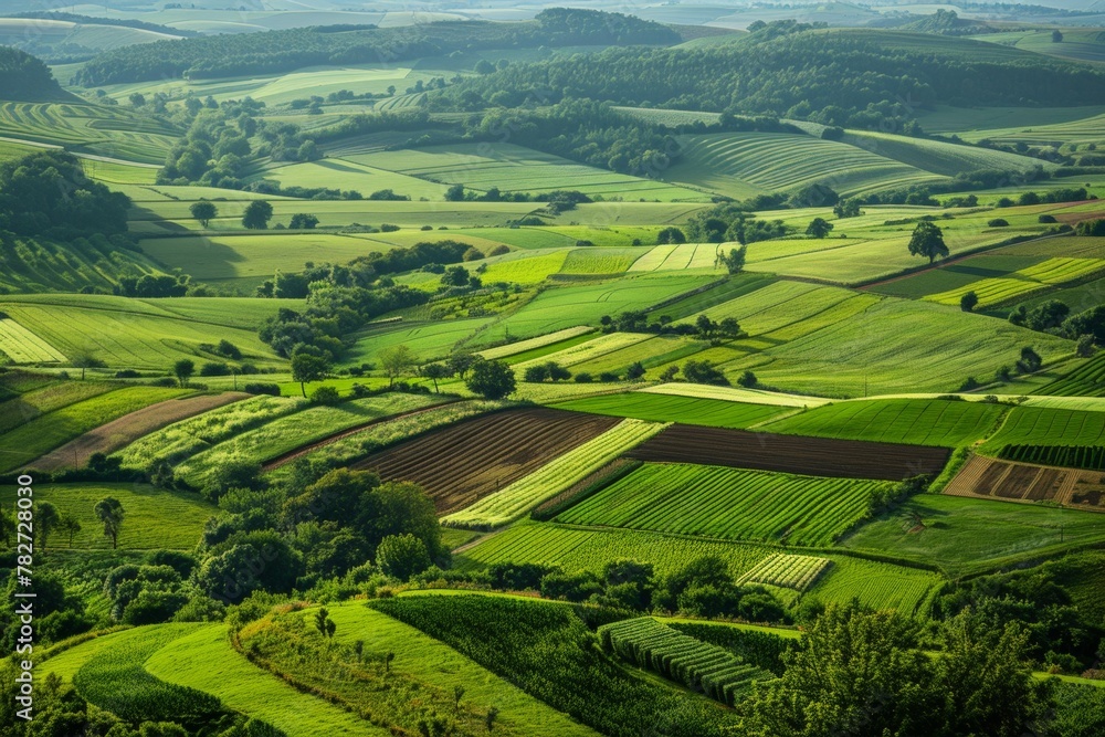 A panoramic vista of a patchwork of meadows and farmland, showcasing different shades of green and geometric patterns