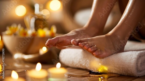 A photo of a peaceful foot massage in a spa, hands applying fragrant oil, with soft towels and a water basin in the background photo
