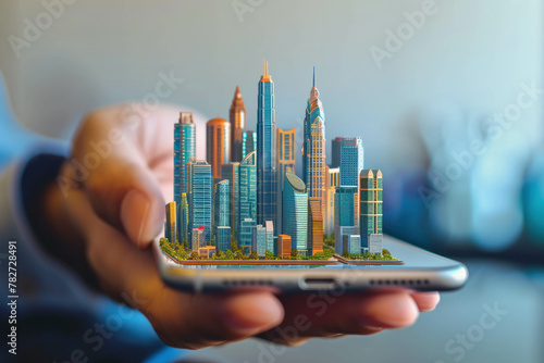 Step into the virtual realm as a hand holds a smartphone displaying a lifelike cityscape  showcasing the power of digital visualization. AI generative.
