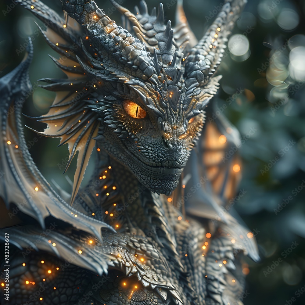 Dramatic Portrait of Ethereal Dragon-Like Mutant Creature with Intricate Textures and Glowing Amber Eyes Dramatic Portrait of Ethereal Dragon-Like Mutant Creature with Intricate Textures and Glowing Amber Eyes