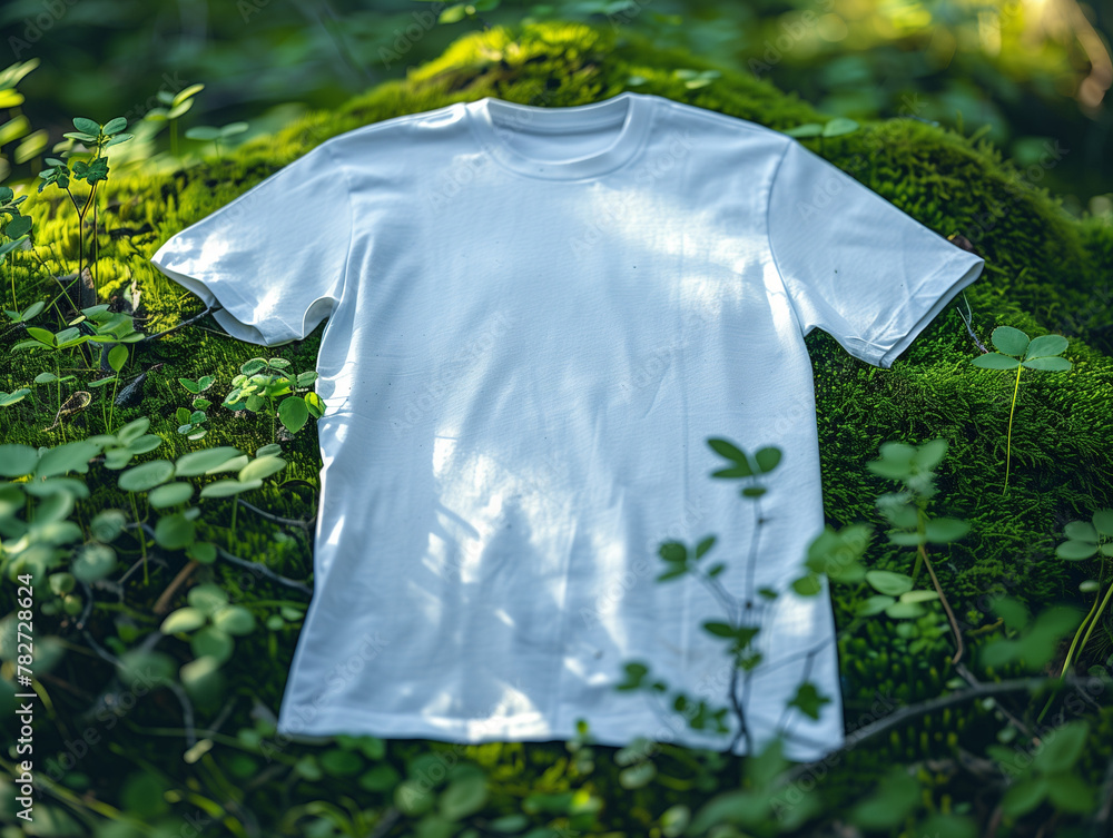 White Bella Canvas Tshirt mock up in greenery, leaves and flowers, over the nature background, eco product advertisement. shirt White Bella Canvas Tshirt mock up in greenery, leaves and flowers, over the nature background, eco product advertisement. shirt