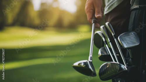 Experience the excitement of golfing with this closeup shot of a hand retrieving a club from the bag, perfect for leisure enthusiasts. AI generative.