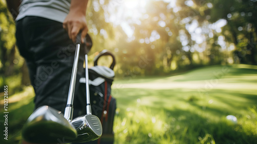 Experience the excitement of golfing with this closeup shot of a hand retrieving a club from the bag, perfect for leisure enthusiasts. AI generative. photo