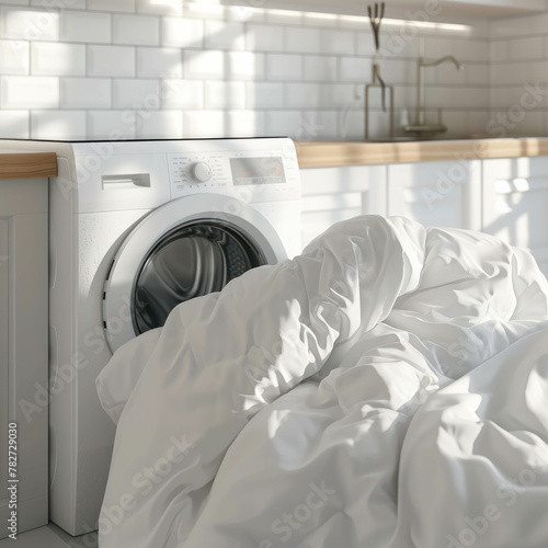 Witness the hyper-realistic rendering of a washing machine cleaning a white cotton duvet cover in a kitchen environment. AI generative. photo