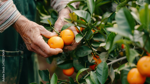 Capture the beauty of harvesting as a male farmer gathers ripe tangerines from a lush green tree in the garden. AI generative. photo