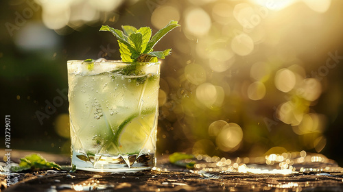 A refreshing summer cocktail made of muddled mint leaves, lime, and sparkling water, garnished with a sprig of mint, set on a rustic bar top outdoors. 32k, full ultra hd, high resolution photo