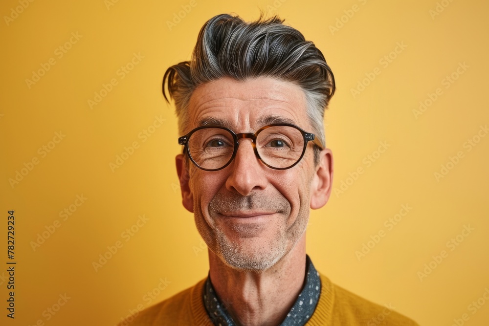 Portrait of happy senior man in eyeglasses looking at camera over yellow background Portrait of happy senior man in eyeglasses looking at camera over yellow background