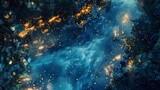 Digital abstract golden stars and blue river illustration poster background