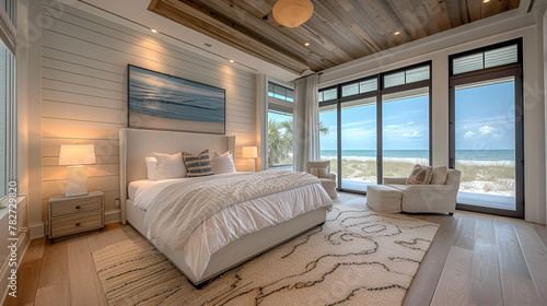 Bedroom - Beach house - wrm white with stained wood trim - meticulous symmetry - coastal design - casual flair - windows photo