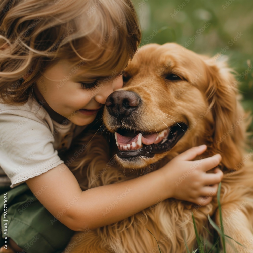 One child plays with a golden retriever One child plays with a golden retriever