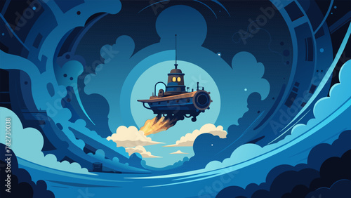 The vessel adorned with intricate gears and steampowered engines glided into the turbulent wormhole its brass exterior reflecting the eerie blue