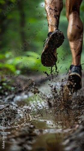 trail runners legs in motion, showcasing muscular definition and the natural terrain underfoot