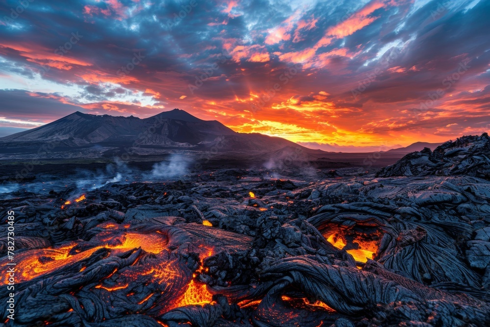 Fiery sunset over a volcanic landscape, red, orange, and yellow dominate