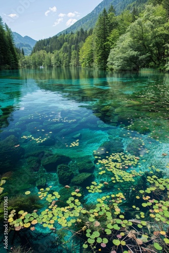 Panoramic view of a crystal-clear lake surrounded by lush greenery, with vibrant aquatic plants visible beneath the surface
