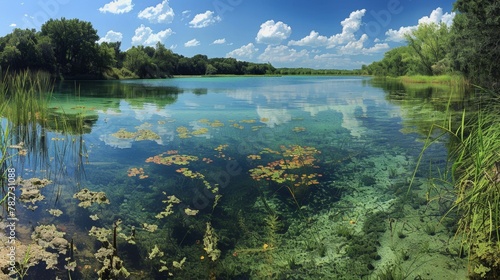 Panoramic view of a crystal-clear lake surrounded by lush greenery  with vibrant aquatic plants visible beneath the surface