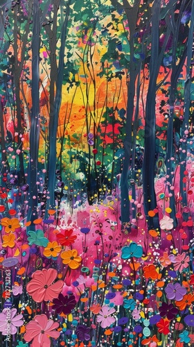 Realistic pop art forest clearing bursting with wildflowers, contrasting colors, stylized flowers, and realistic textures