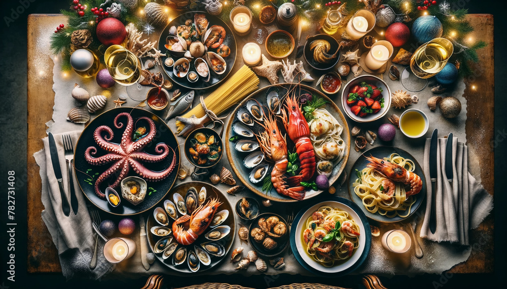 Top-down view of a Christmas Eve dinner featuring the Feast of the Seven Fishes, with dishes like grilled octopus, shrimp scampi, and linguine with clams, in a festive setting