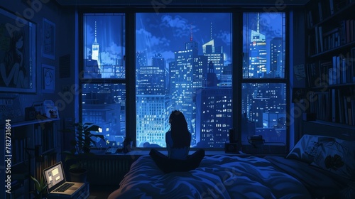 Anime artistic image of girl at night in new york city apartment with a full room during night traffic studing relaxing