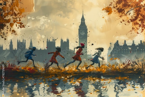 Runners dressed as literary characters sprinting past iconic landmarks, a whimsical illustration for a book-themed run