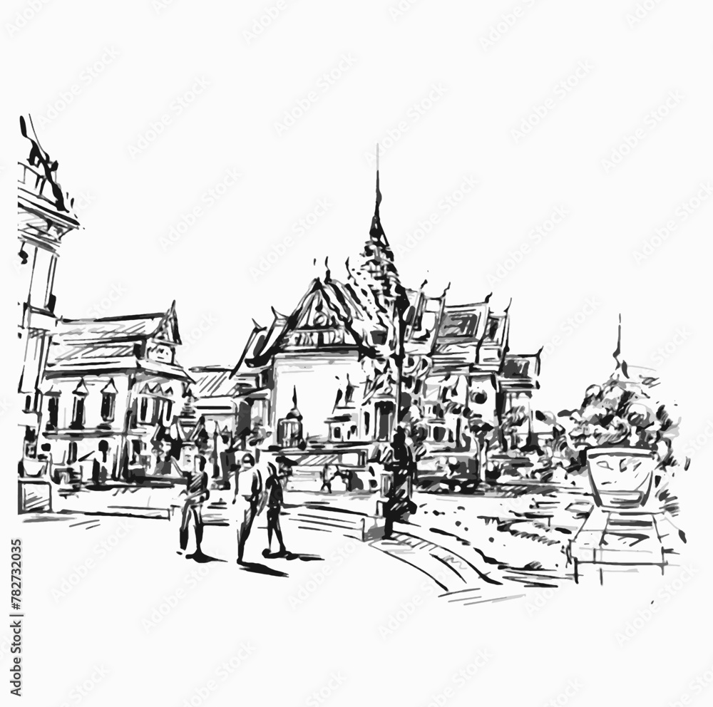 Drawing of Tourists at temple in Thailand