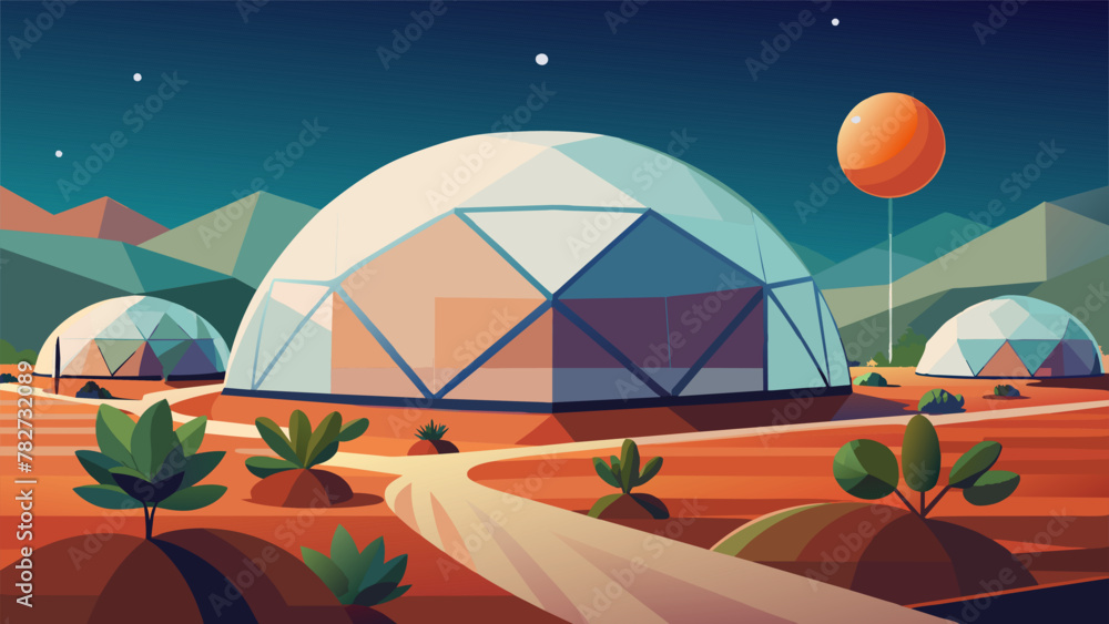 On a barren moon a of geodesic domes stands out against the stark ...