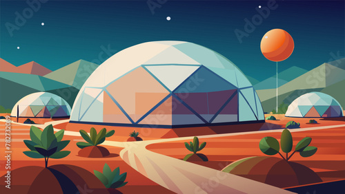 On a barren moon a of geodesic domes stands out against the stark landscape each one housing a futuristic greenhouse filled with genetically
