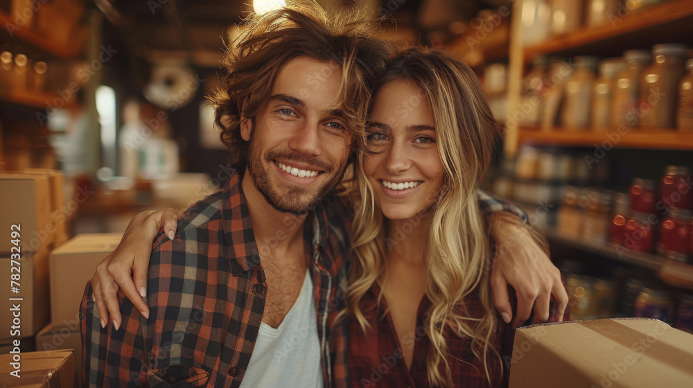 Young couple moving in new home. Couple is having fun with cardboard boxes in new house at moving day.