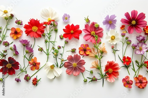 Assorted vibrant flowers arranged on white background. colorful flowers meticulously arranged on a white backdrop displaying a brilliant spectrum of colors and showcasing a variety of species