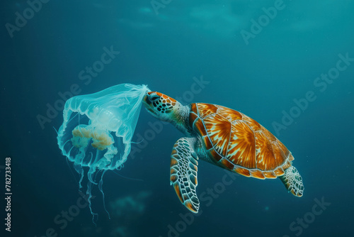 Capture the impact of pollution on marine life with this powerful image. Jellyfish and plastic bags coexist beneath the ocean's surface, posing a threat to turtles. AI generative . photo