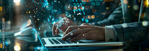 Man Typing Keyboard Laptop Hand.Project Manager Researching Process.Business Team Working Startup modern Office.Global Strategy Virtual Icon.Innovation Graphs Interfaces.Analyze market stock.Blurred.