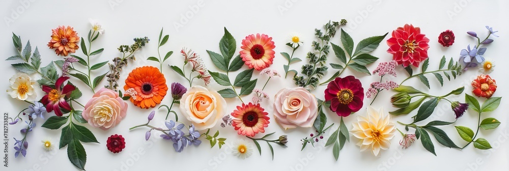 Obraz premium Assorted vibrant flowers arranged on white background. colorful flowers meticulously arranged on a white backdrop displaying a brilliant spectrum of colors and showcasing a variety of species