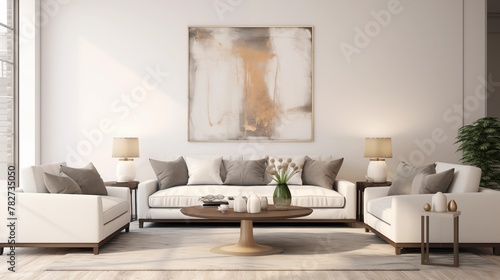 A trendy modern living room featuring a cozy sofa adorned with stylish throw pillows  set against a blank wall ready for personalization with artwork or decor.