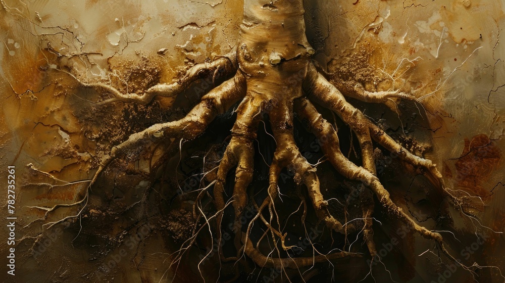 Organethic Roots Support Organic prebiotic roots, painted digitally with a focus on the textures ...