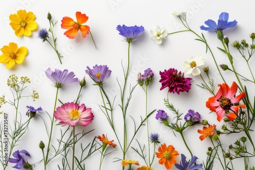 Assorted vibrant flowers arranged on white background. colorful flowers meticulously arranged on a white backdrop displaying a brilliant spectrum of colors and showcasing a variety of species © MiniMaxi