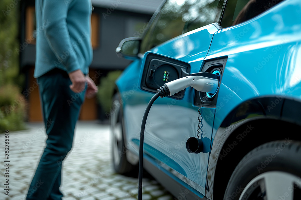A man is plugging an electric car into the charging station, closeup of hand holding car charger with white and black wires connected to blue vehicle 