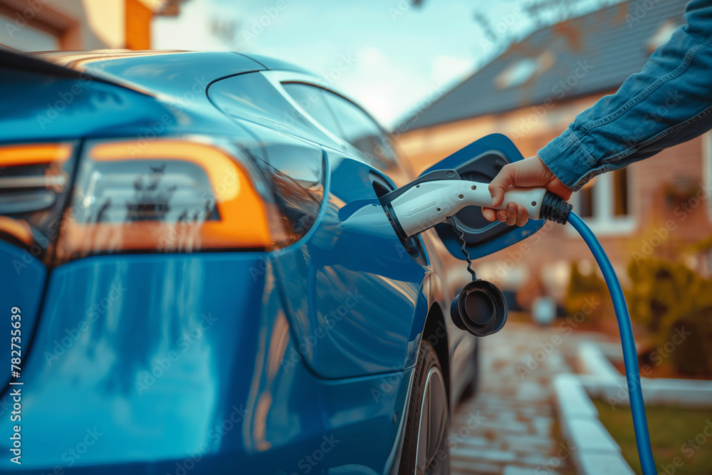 A man is plugging an electric car into the charging station, closeup of hand holding car charger with white and black wires connected to blue vehicle 