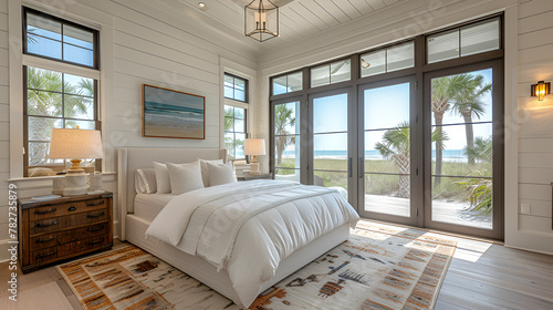 Bedroom - Beach house - wrm white with stained wood trim - meticulous symmetry - coastal design - casual flair - windows