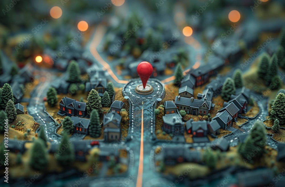 Artistic city model with Terrestrial plants and electric blue pin in center Artistic city model with Terrestrial plants and electric blue pin in center