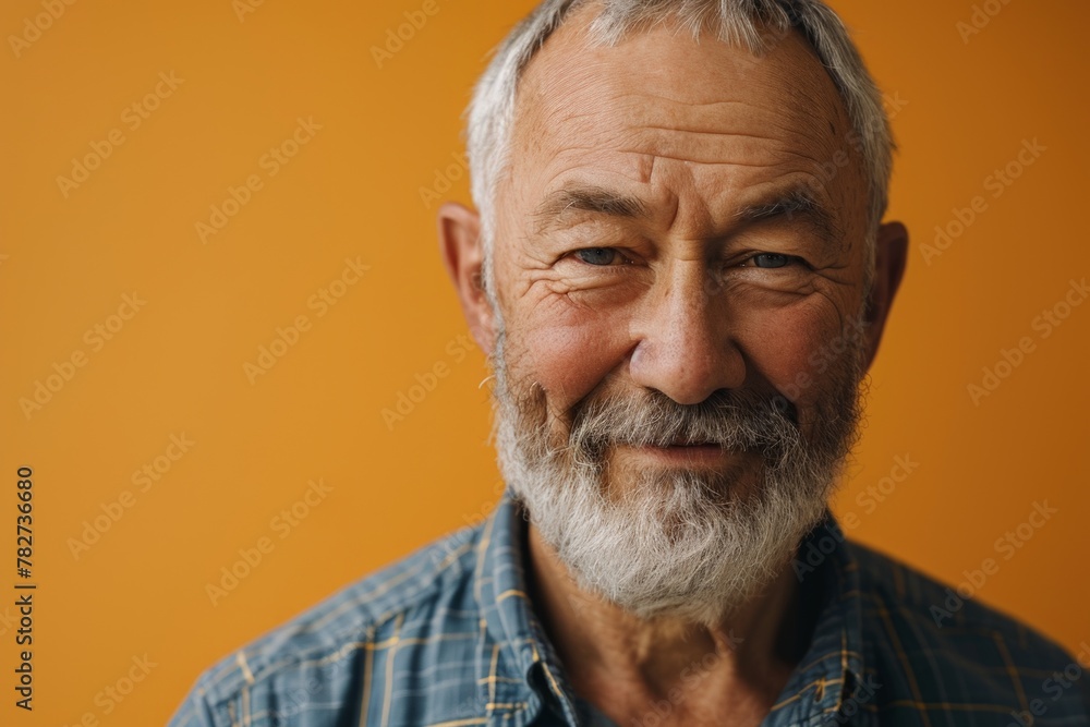 Portrait of a senior man with a grey beard on a yellow background Portrait of a senior man with a grey beard on a yellow background