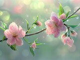 A slender peach blossom branch hangs in the air. Blossoming cherry trees in spring.
