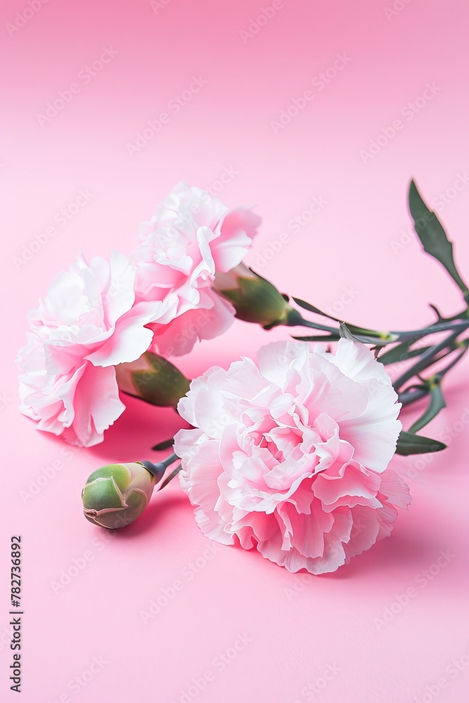 Blooming Pink Carnations Against a Soft Pastel Pink Background