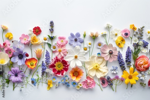 Assorted vibrant flowers arranged on white background. colorful flowers meticulously arranged on a white backdrop displaying a brilliant spectrum of colors and showcasing a variety of species © Merilno