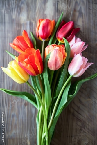 A beautiful arrangement of pink, yellow, and red tulips with their green stems and leaves 