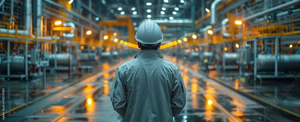An engineer in a hard hat is at work in a factory An engineer in a hard hat is at work in a factory