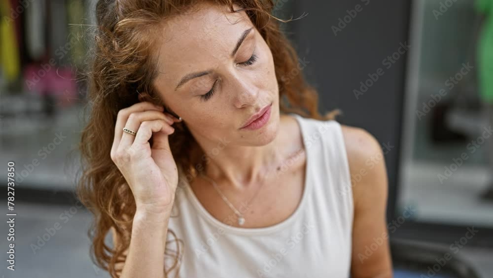 A young woman with wireless earbuds stands thoughtfully on an urban street. A young woman with wireless earbuds stands thoughtfully on an urban street.