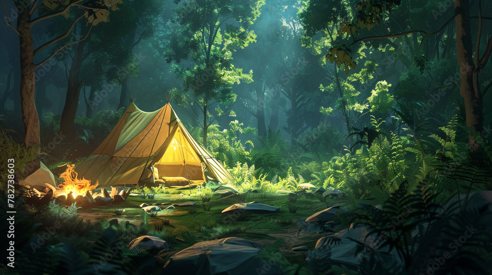 A cozy camping tent nestled in a lush forest clearing the campfire  glow welcoming adventurers back from their day