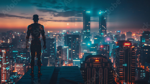 A lone cyborg overlooking a digital metropolis from a skyscraper its silhouette blending with the city lights symbolizing the future of evolution