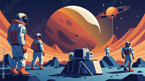 A team of astronauts using hightech equipment to secure their camp to an asteroid with a breathtaking view of the galaxy in the background.